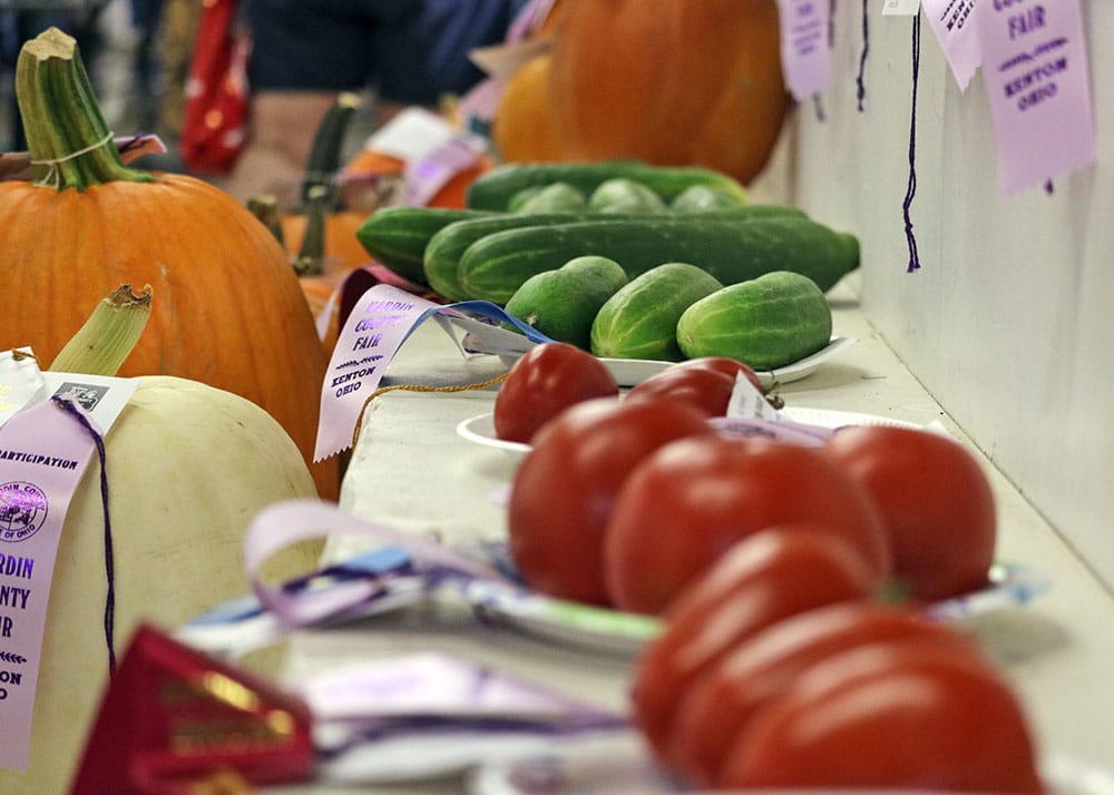 Fresh vegetables on display with awards at the Hardin County Fair.