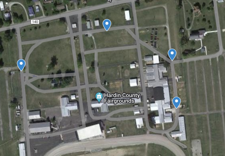 Map of shuttle locations at the Hardin County Fairgrounds.